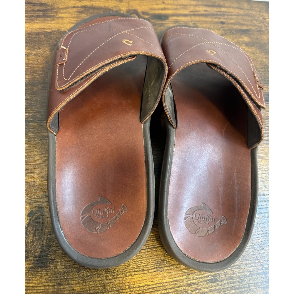 OluKai Ohana Leather Slide Mens 14 Brown Dark Wood Sandals 10137-4848 EUR 47 - Picture 12 of 14